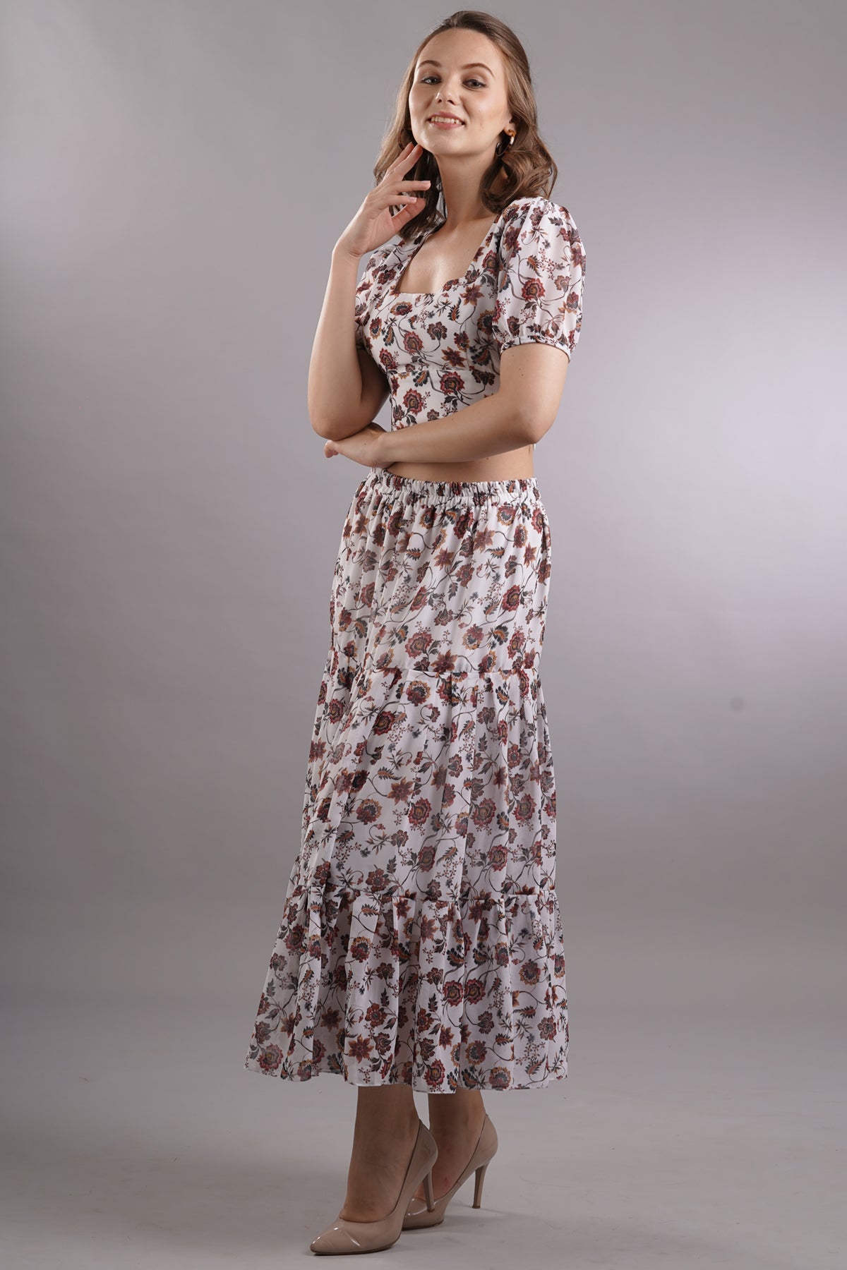 Floral Crop Top & Tiered Skirt Set