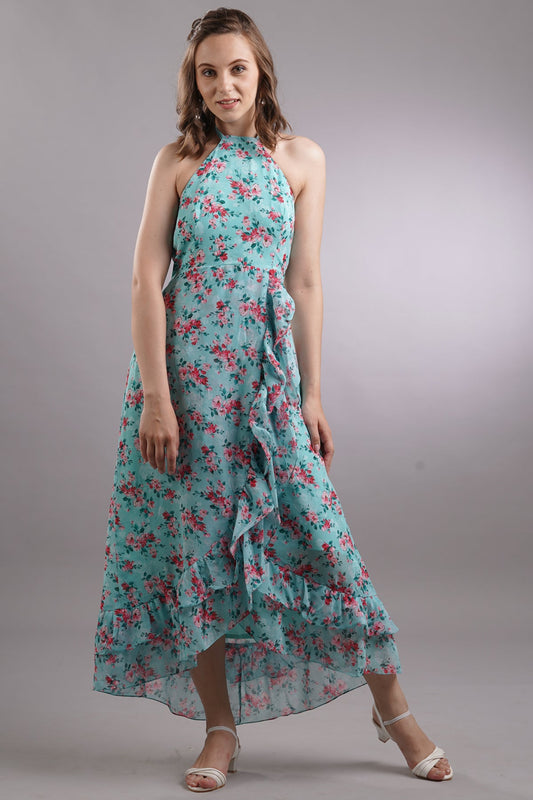 Floral Halter Ruffled Dress