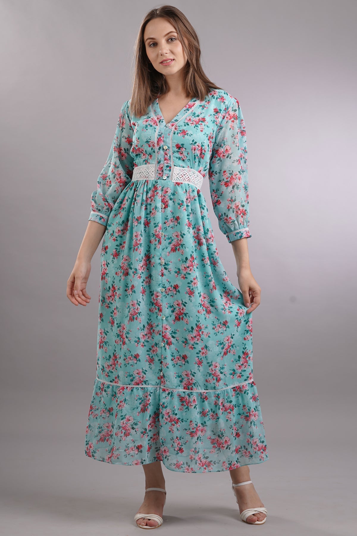 Floral Lace Buttoned Midi Dress