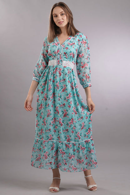 Floral Lace Buttoned Midi Dress