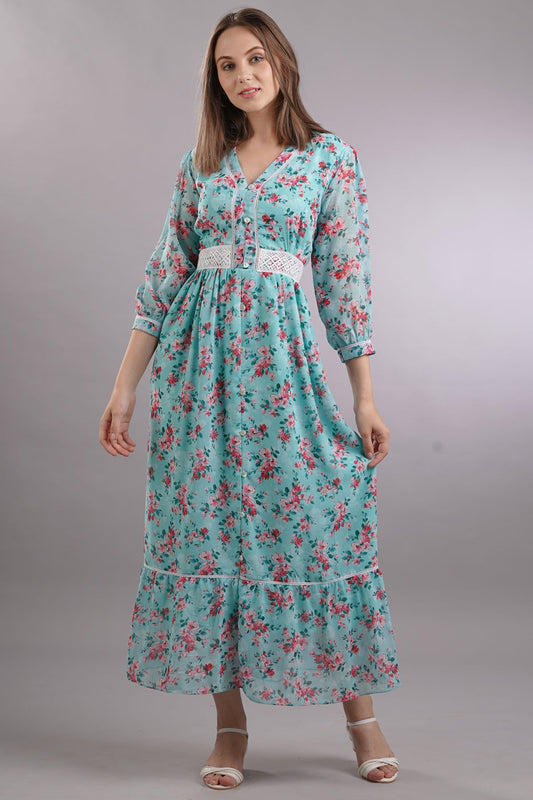 Floral Lace Buttoned Midi Dress