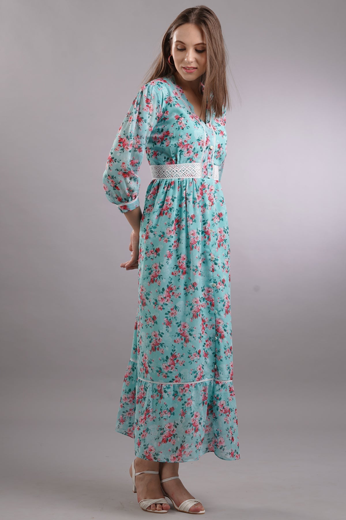 Floral Lace Buttoned Midi Dress