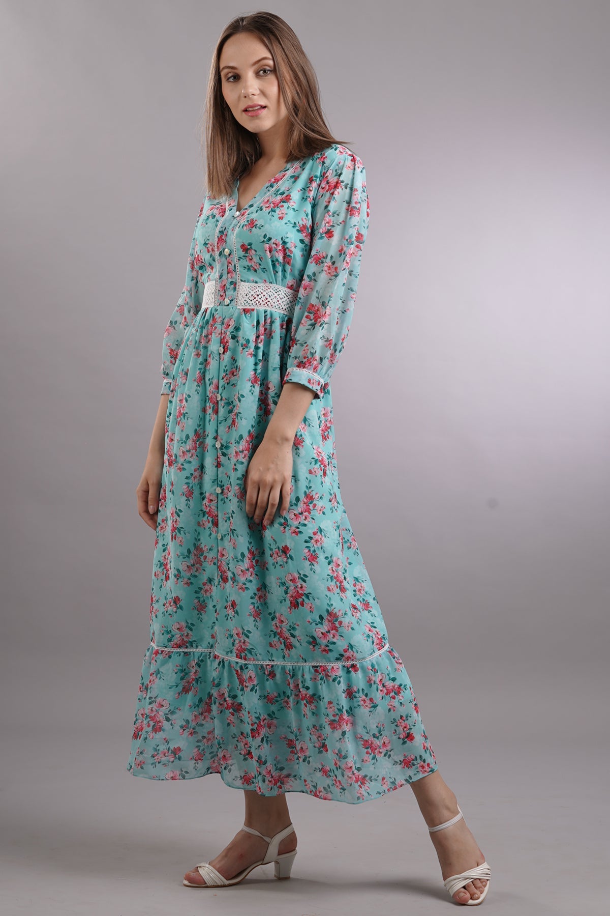 Floral Lace Buttoned Midi Dress