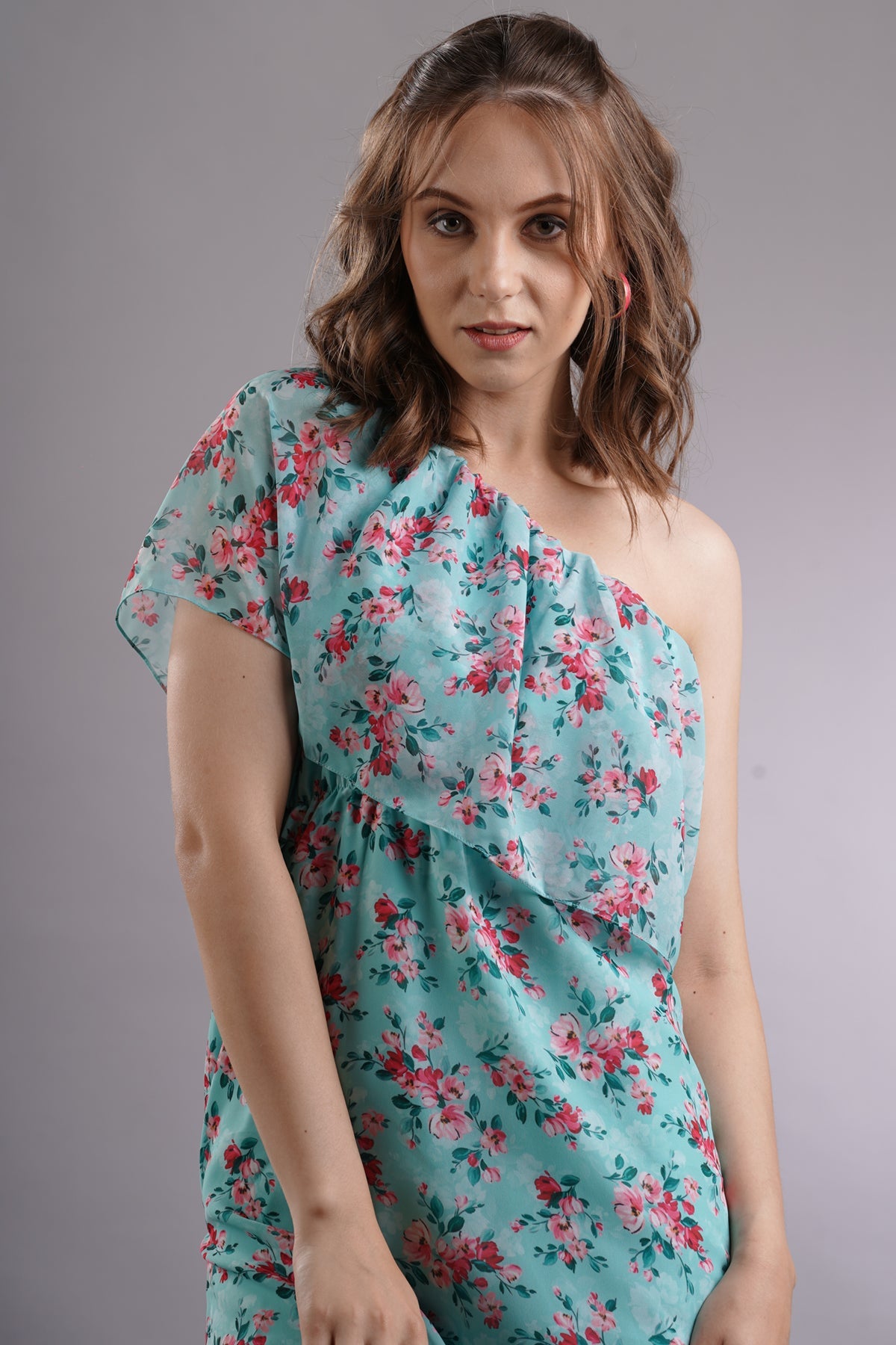 Floral One Shoulder Overlay Dress