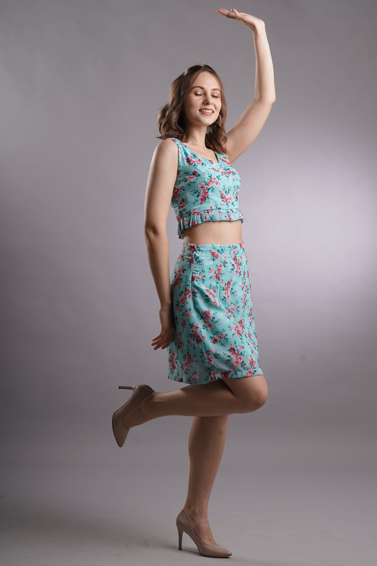 Floral Pleated Top & Skirt Set