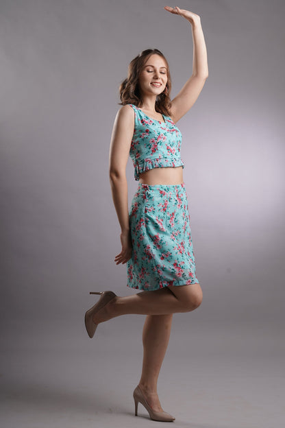 Floral Pleated Top & Skirt Set