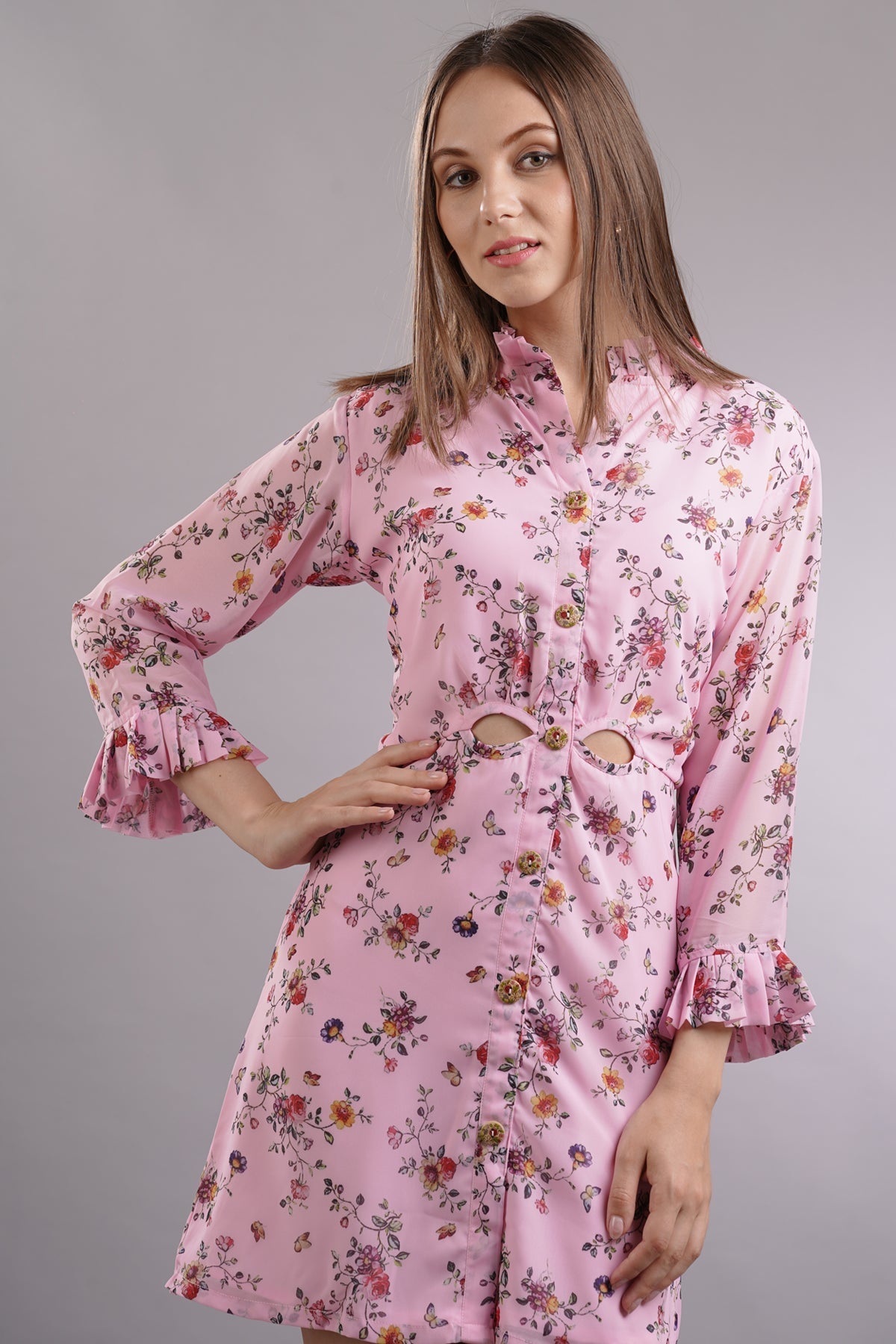 Floral Ruffled Cutout Mini Dress