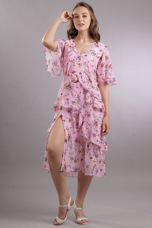 Floral Ruffled Slit Midi Dress