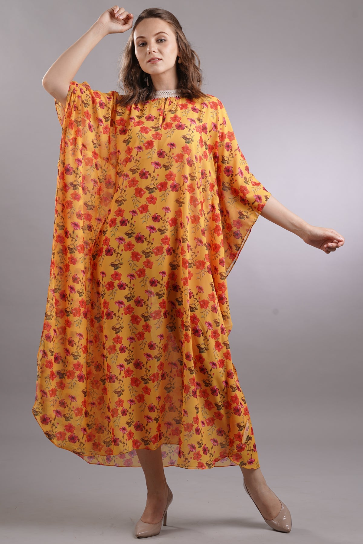 Lace Collar Floaty Floral Kaftan