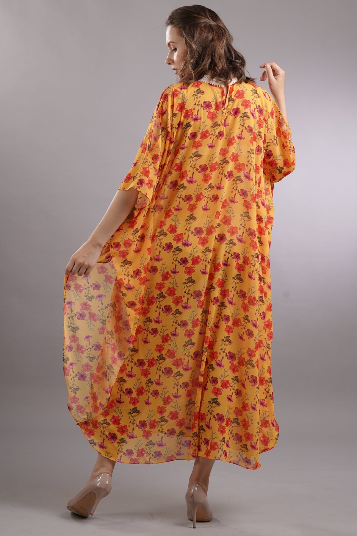 Lace Collar Floaty Floral Kaftan