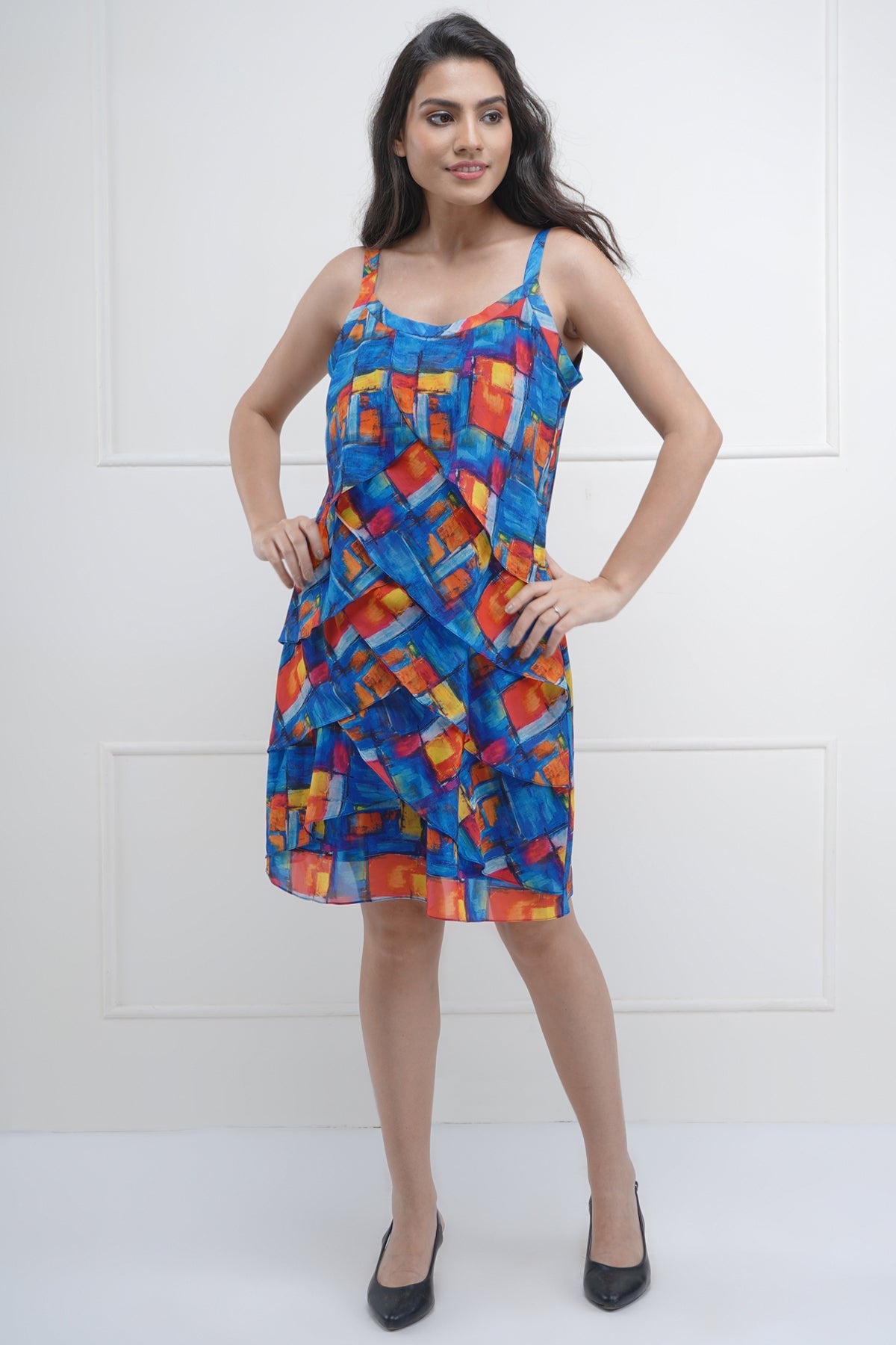 Ruffled Brick Print Mini Dress