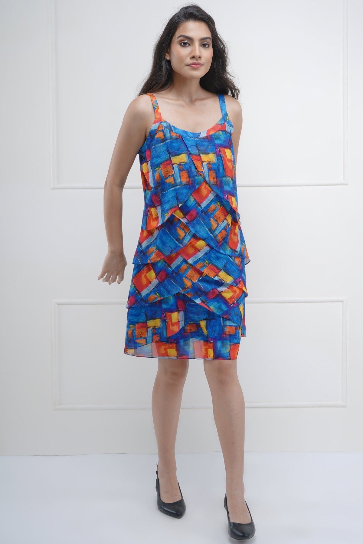 Ruffled Brick Print Mini Dress