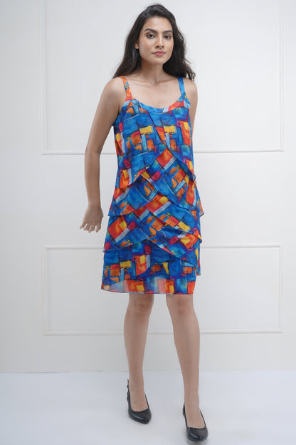 Ruffled Brick Print Mini Dress