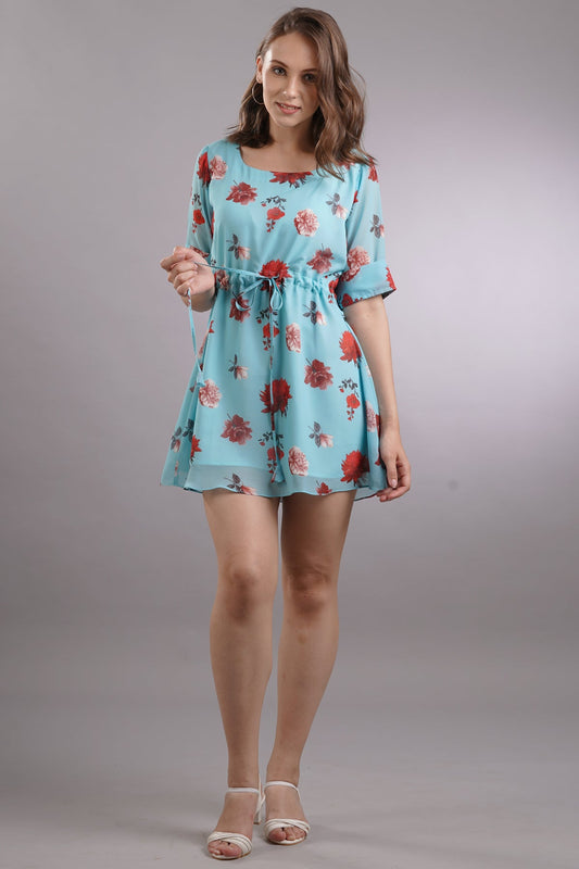 Waist Tie Up Floral Mini Dress