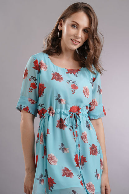 Waist Tie Up Floral Mini Dress